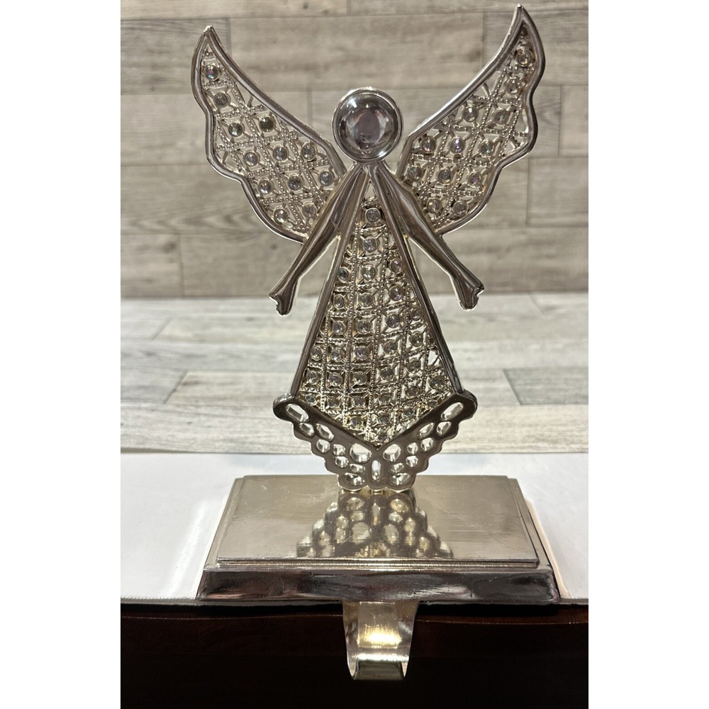 Rhinestone Christmas Angel Stocking Hanger Heavy Silver Metal 8.5 X 5‎ X 3"